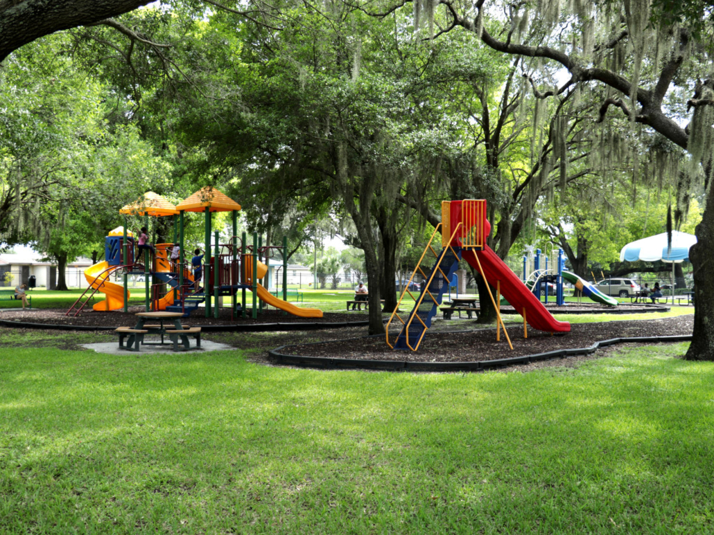 Playground equipment and sitting areas at Rev. Earl Wright Park