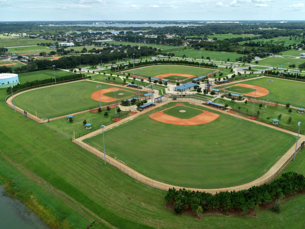 Aerial view of the baseball fields at Lake Myrtle Sports Park