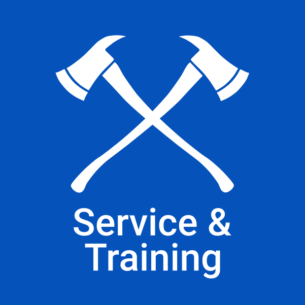 Graphic of twin fire axes. Text: Service and Training